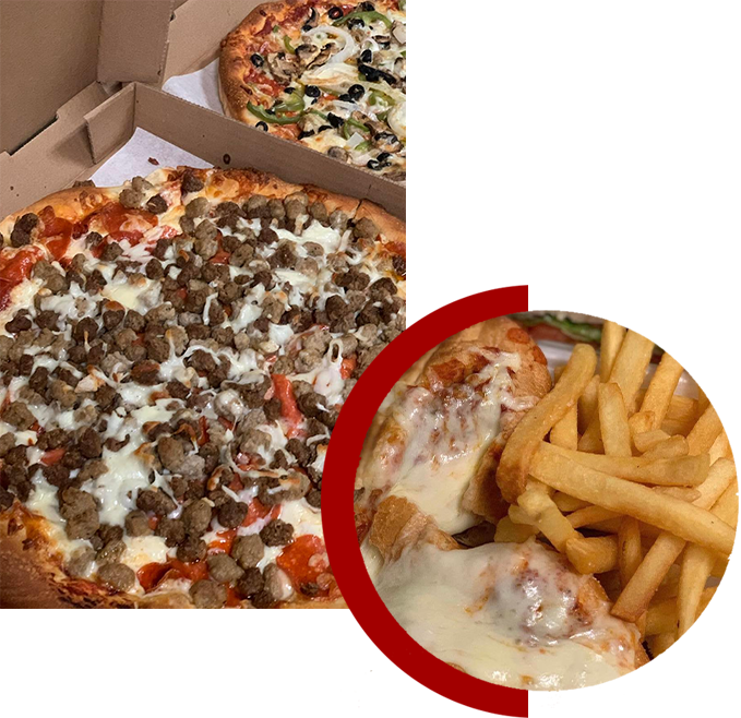 A pizza and fries are shown in a box.