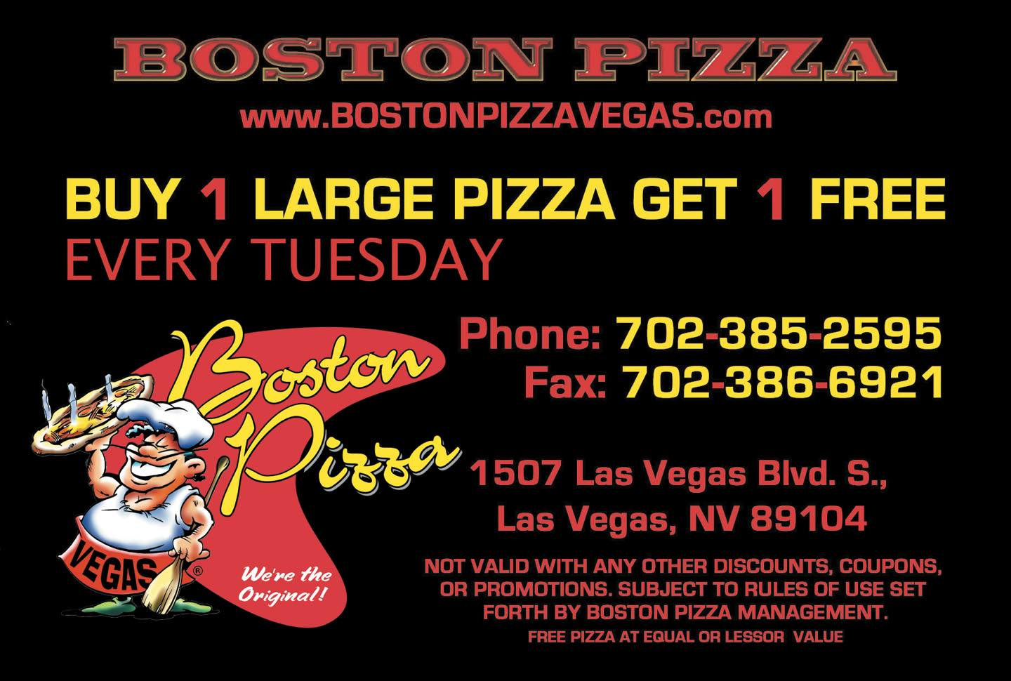 A sign advertising boston pizza in las vegas.