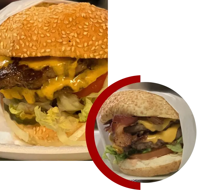 A hamburger is shown on the left and in the right.