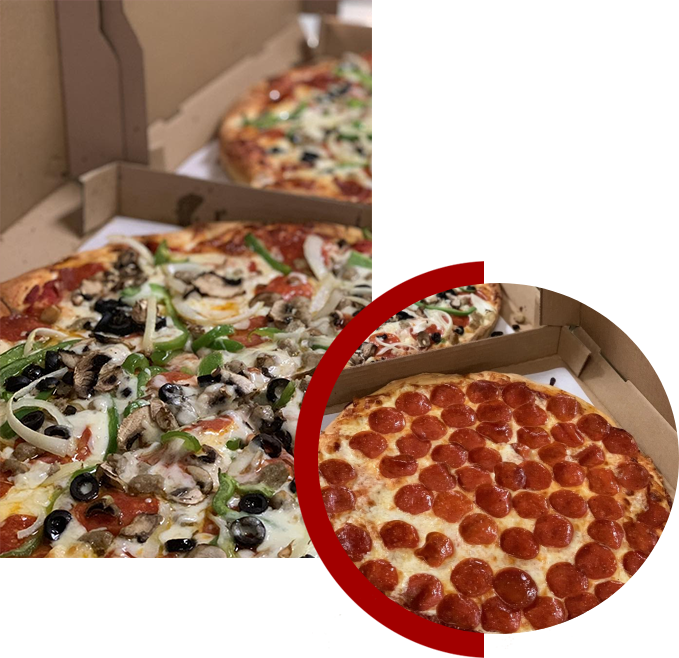 Two different pizzas in boxes with one of them being a pepperoni pizza.